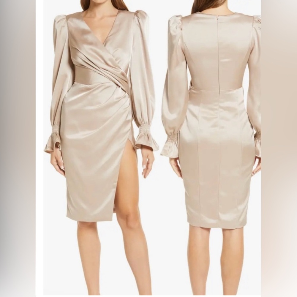 Lavish Alice Balloon Long Sleeve Satin Faux Wrap Dress